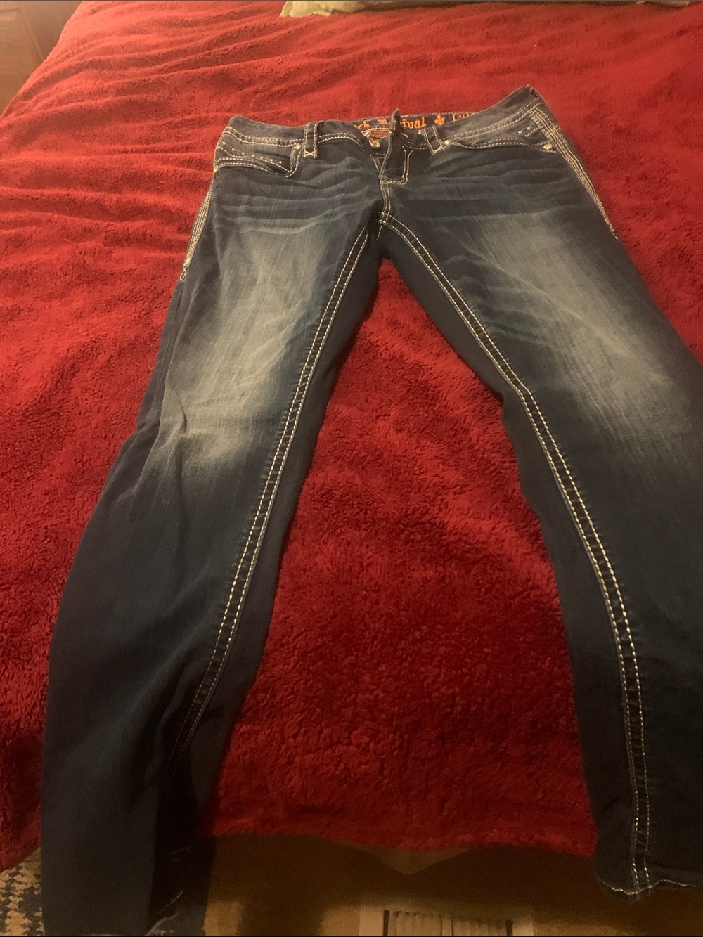 Rock Revival Dark Blue Bootcut Jeans with Contrast Stitching